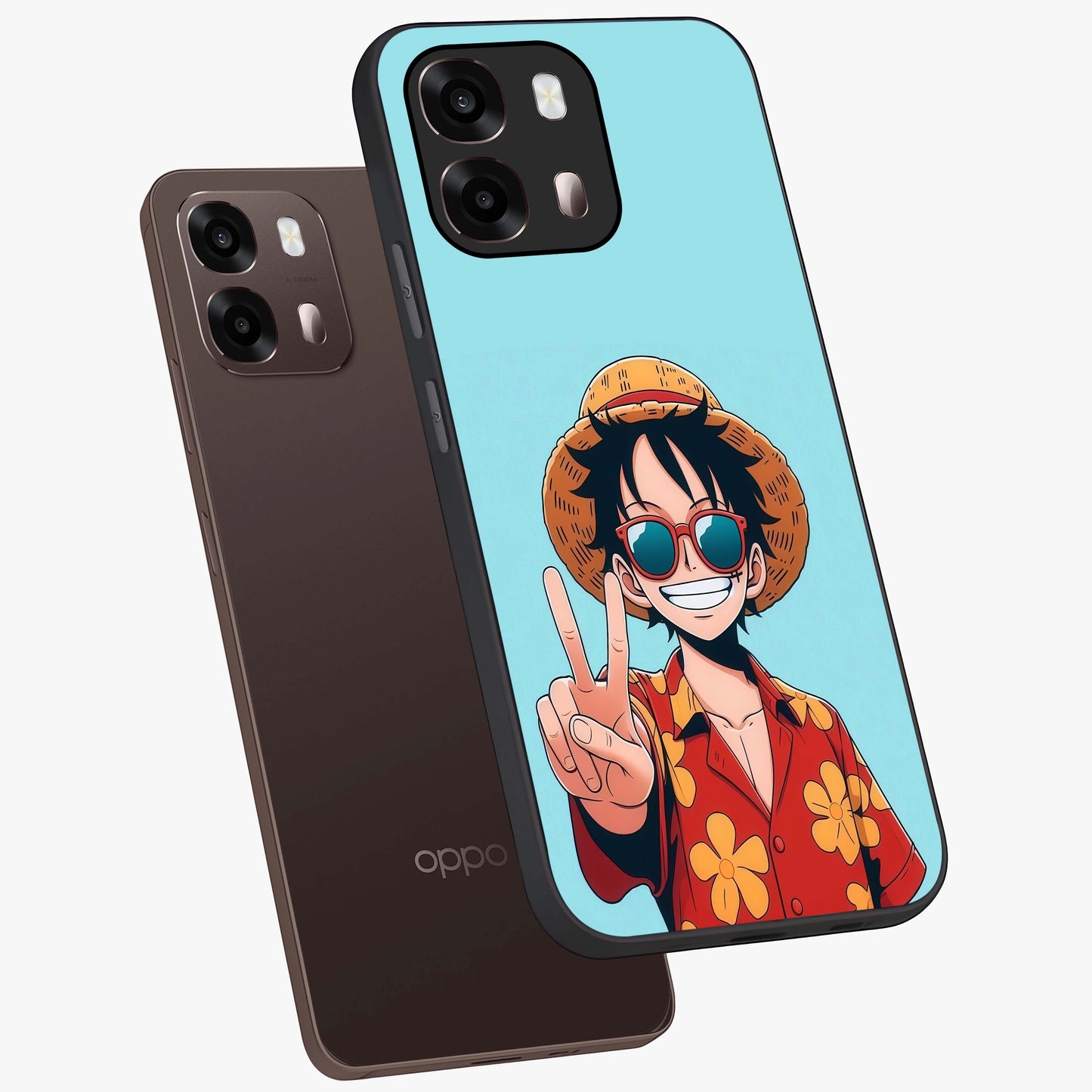 Luffy Summer Anime Vibe Glass Case displayed in angled mockup highlighting energetic anime illustration with summer vibe aesthetic.