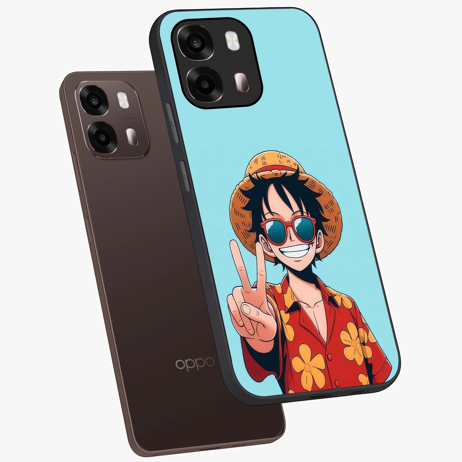 Luffy Summer Anime Vibe Glass Case displayed in angled mockup highlighting energetic anime illustration with summer vibe aesthetic.