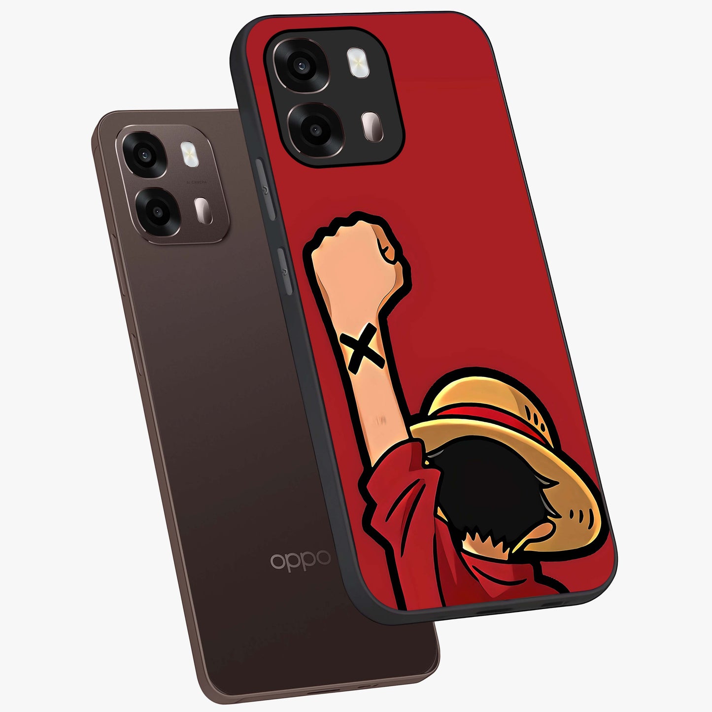 Luffy X Spirit Glass Case displayed in angled mockup highlighting powerful anime design with energetic action aesthetic.