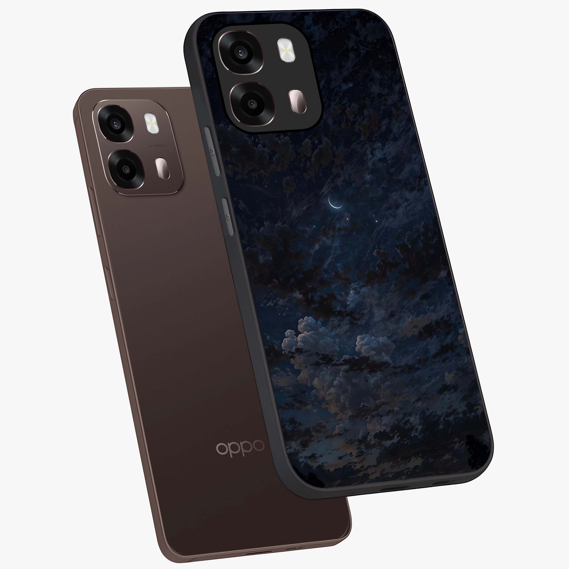 Lunar Veil Silence Glass Case displayed in angled mockup highlighting soft lunar design with peaceful celestial aesthetic.