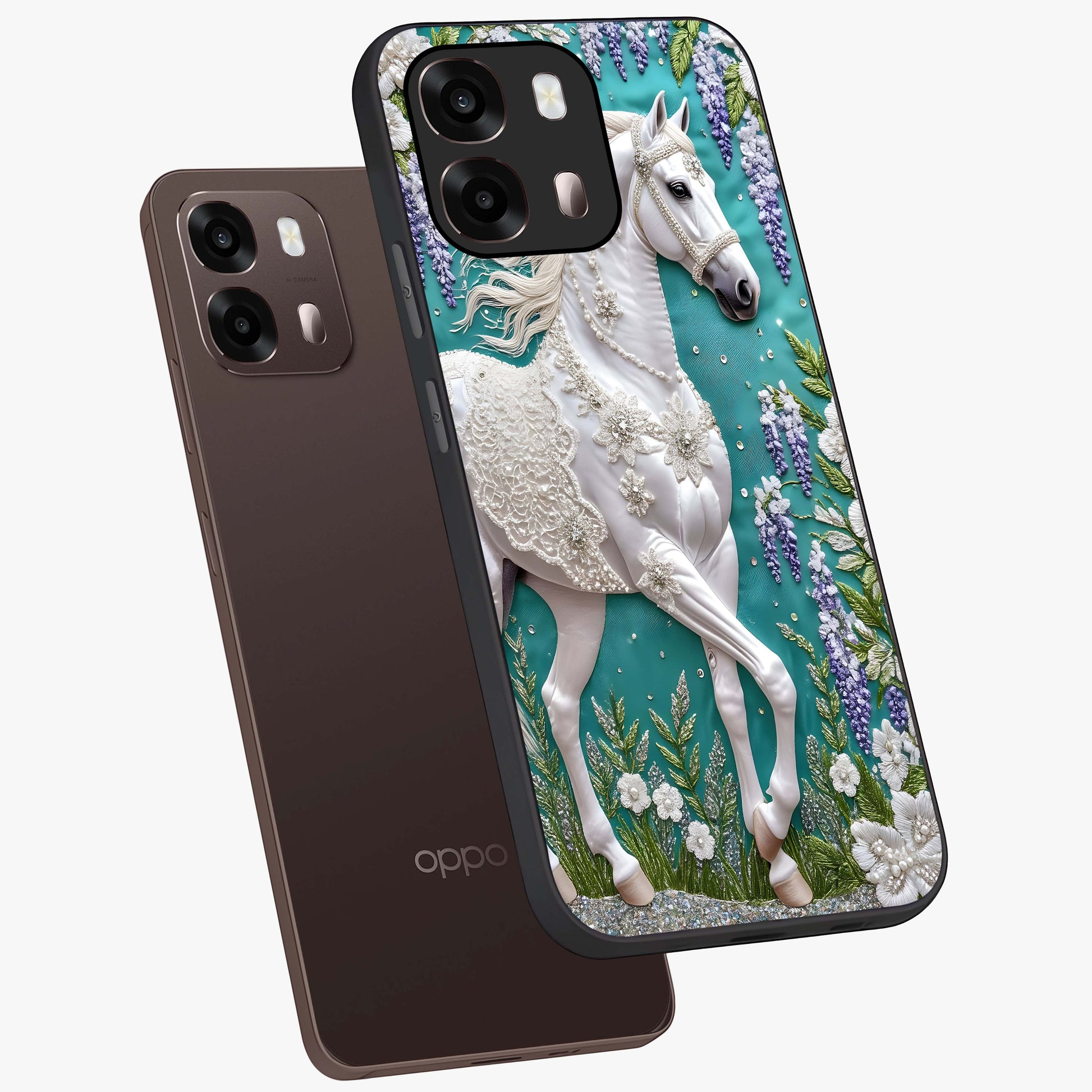 Majestic Floral Stallion Glass Case displayed in angled mockup highlighting majestic stallion illustration with elegant floral aesthetic.