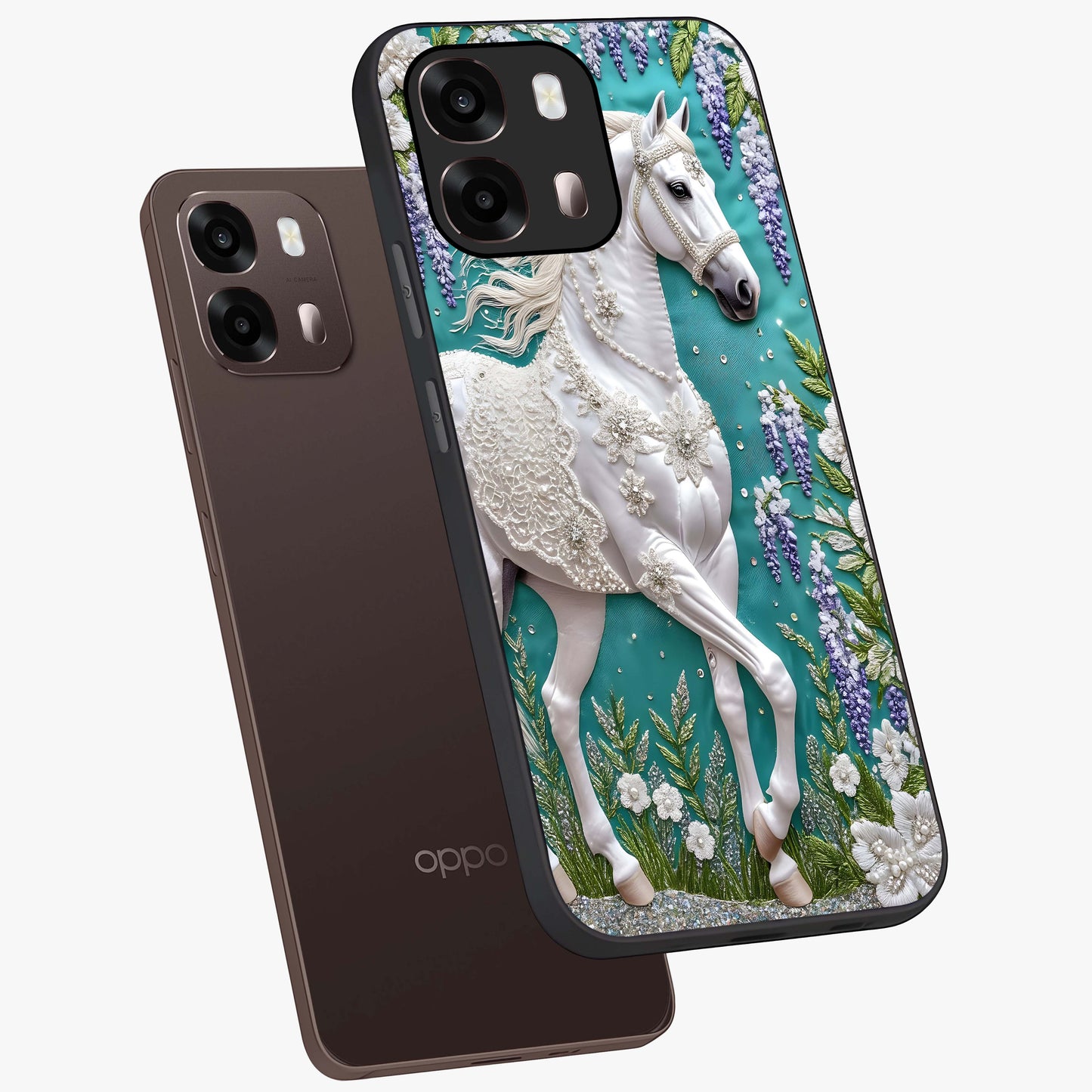 Majestic Floral Stallion Glass Case displayed in angled mockup highlighting majestic stallion illustration with elegant floral aesthetic.