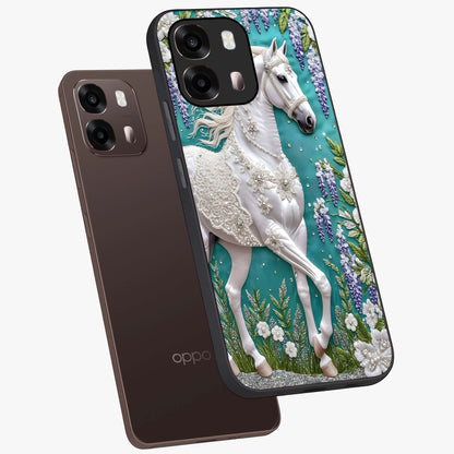 Majestic Floral Stallion Glass Case displayed in angled mockup highlighting majestic stallion illustration with elegant floral aesthetic.