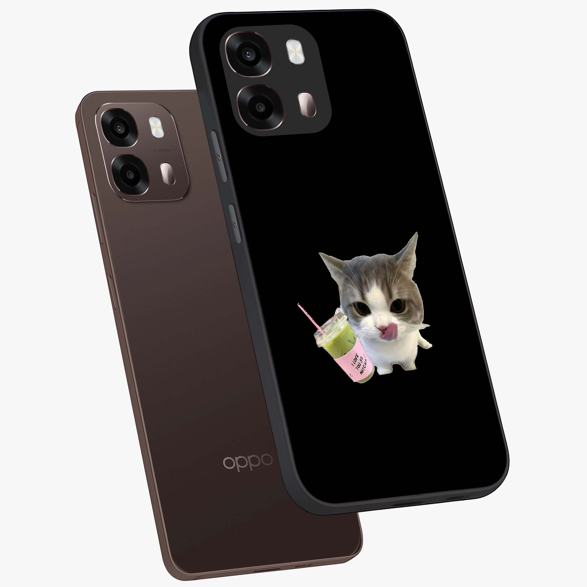 Matcha Cat Style Glass Case displayed in angled mockup highlighting playful feline design with pastel matcha aesthetic.
