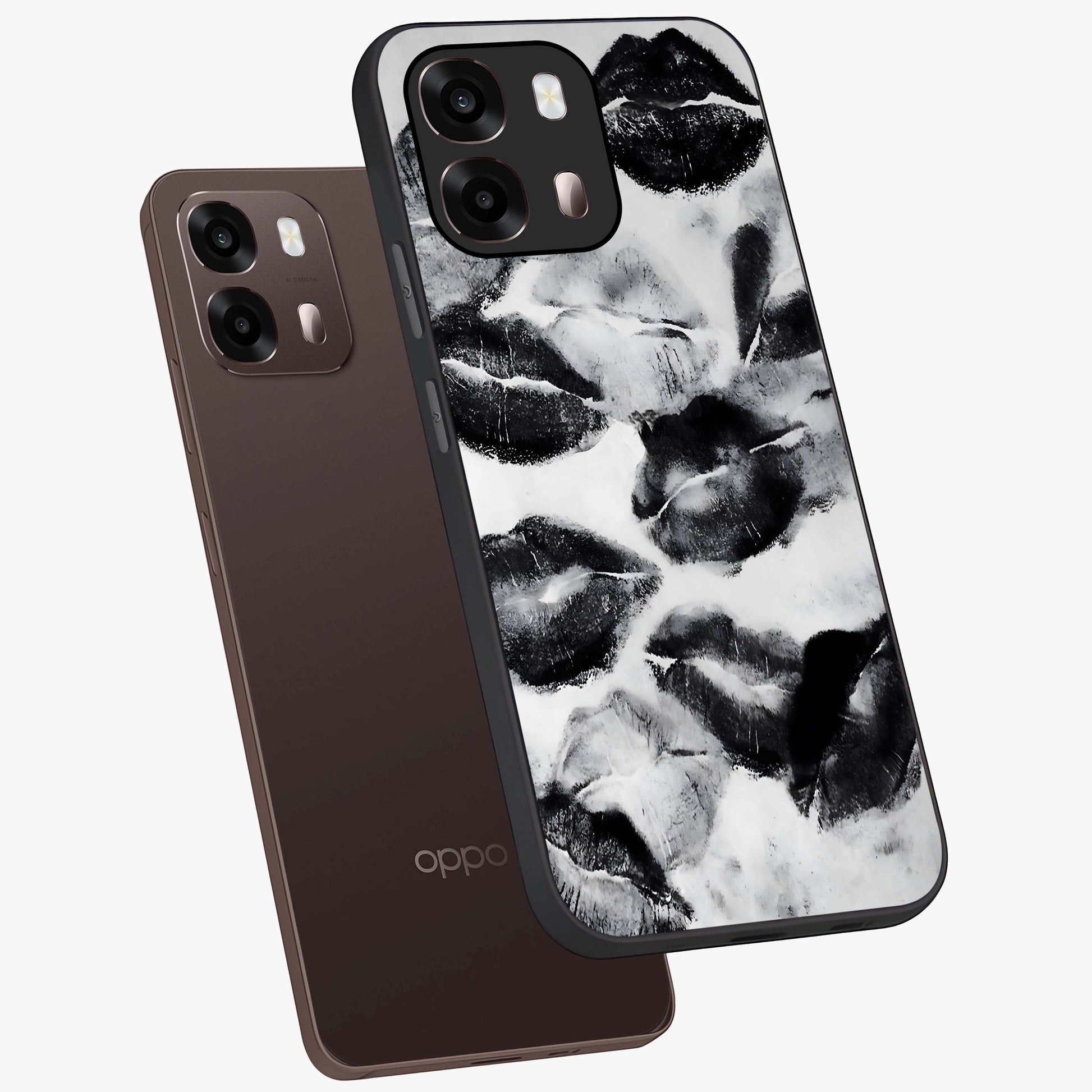 Midnight Kiss Marks Glass Case displayed in angled mockup highlighting playful romantic design with bold midnight aesthetic.