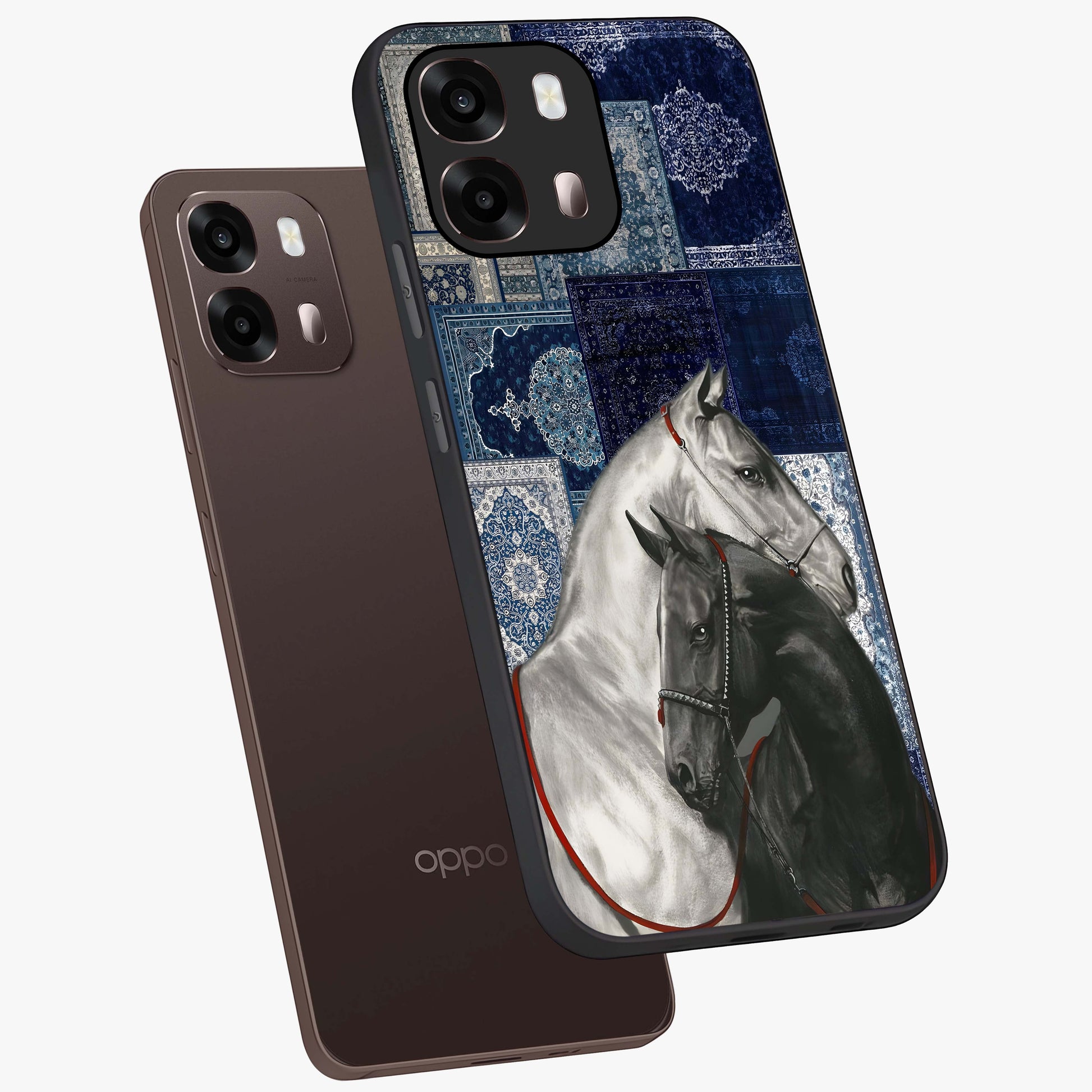 Midnight Stallion Blues Glass Case displayed in angled mockup highlighting powerful stallion illustration with deep midnight tones.