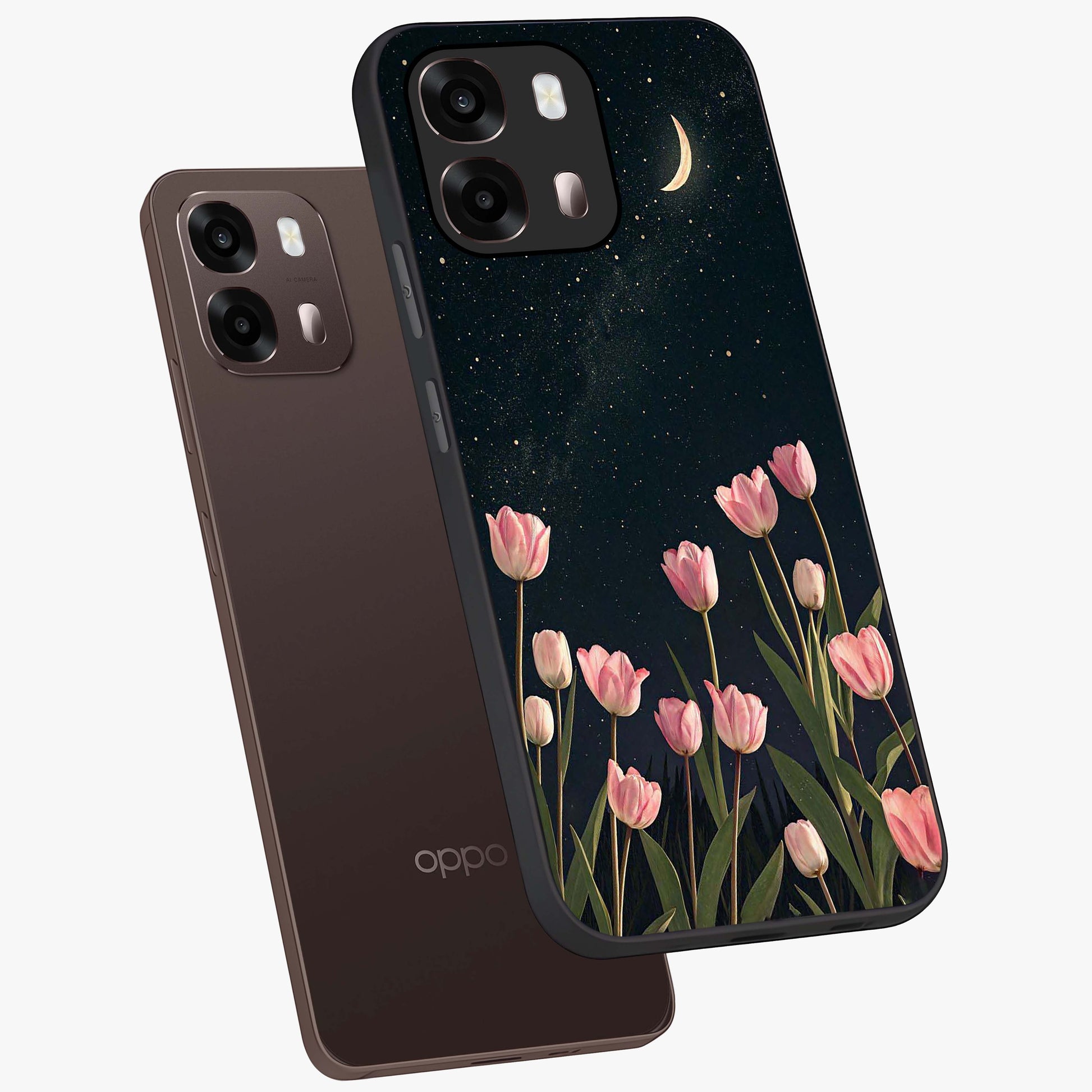 Midnight Tulip Whispers Vibe Glass Case displayed in angled mockup highlighting delicate tulip design with midnight floral aesthetic.