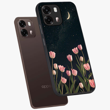 Midnight Tulip Whispers Vibe Glass Case displayed in angled mockup highlighting delicate tulip design with midnight floral aesthetic.