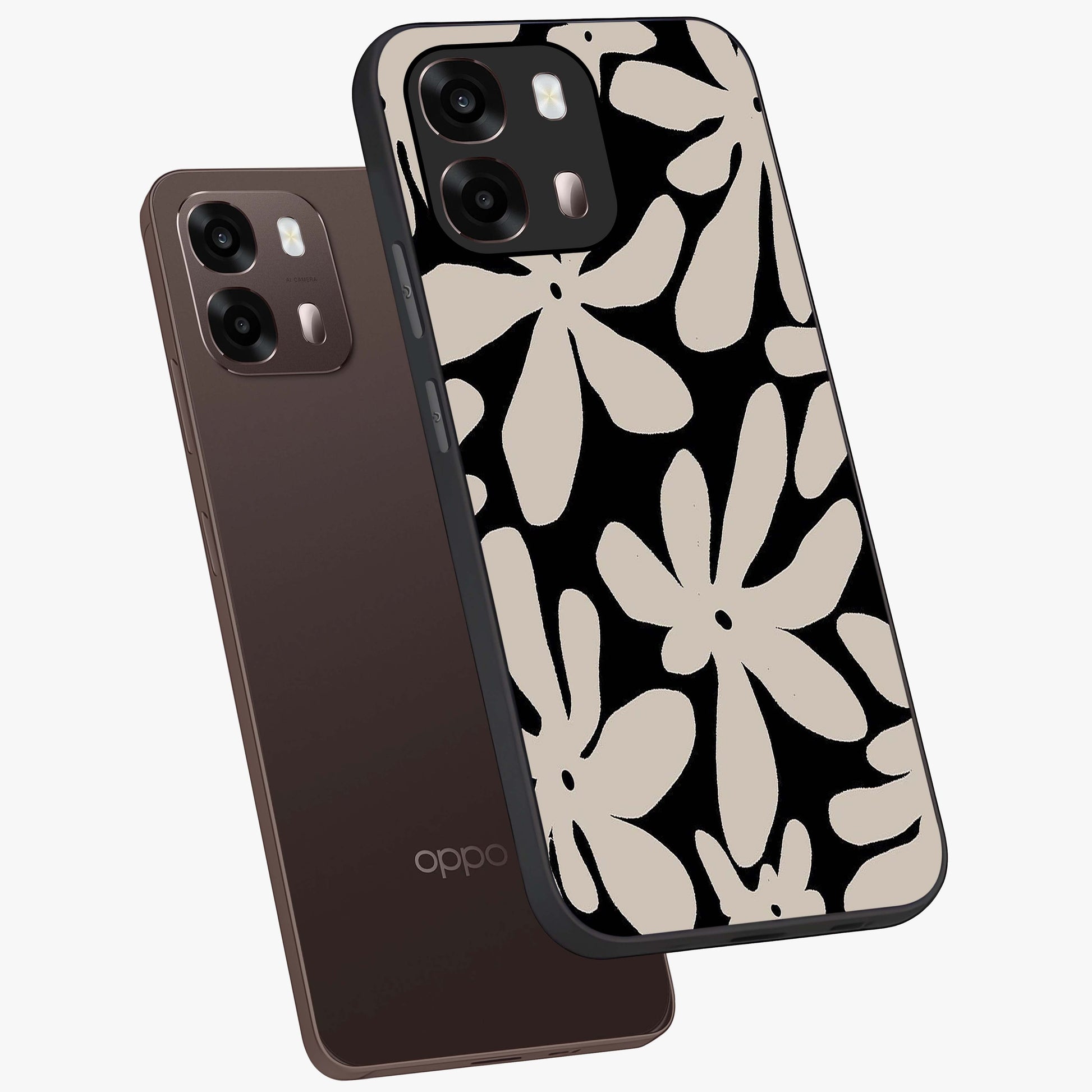 Monochrome Petal Dance Glass Case displayed in angled mockup highlighting elegant petal design with black and white aesthetic.