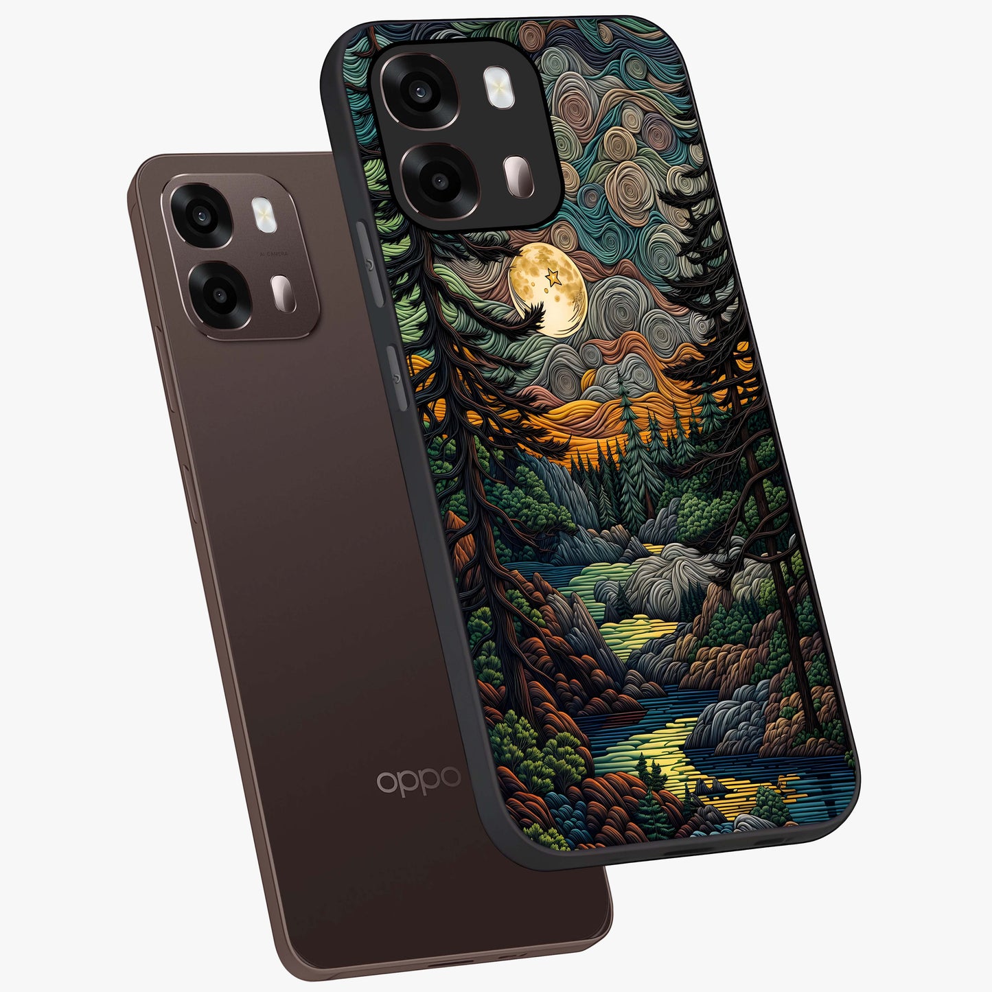 Moonlight Forest Dream Glass Case displayed in angled mockup highlighting dreamy forest design with glowing moon aesthetic.