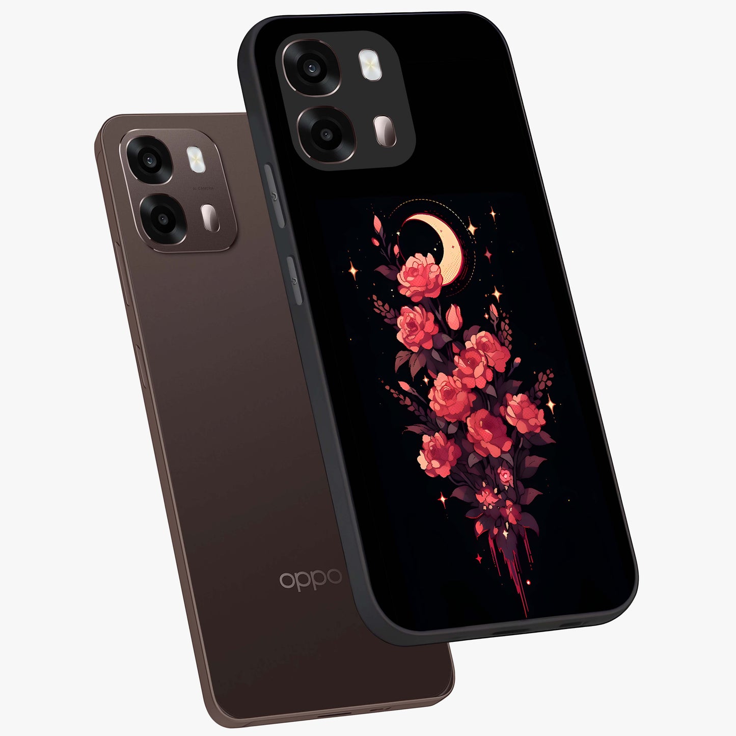 Moonlit Floral Elegance Glass Case displayed in angled mockup highlighting graceful flower design with soft moonlight aesthetic.