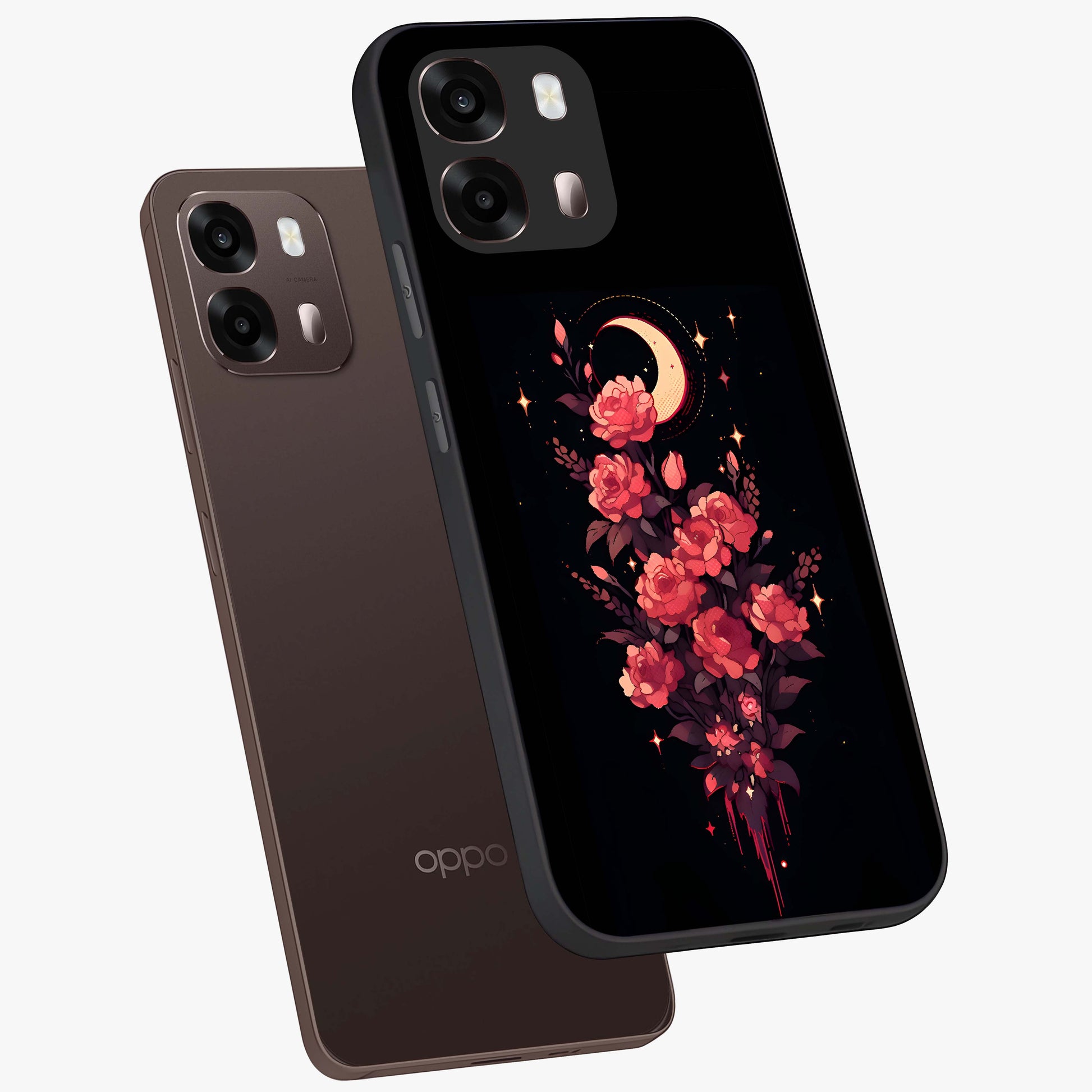 Moonlit Floral Elegance Glass Case displayed in angled mockup highlighting graceful flower design with soft moonlight aesthetic.