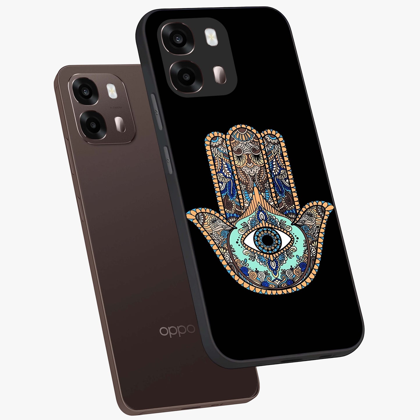 Mystic Hamsa Eye Glass Case displayed in angled mockup highlighting spiritual hamsa symbol with mystical aesthetic style.
