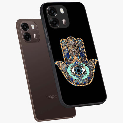 Mystic Hamsa Eye Glass Case displayed in angled mockup highlighting spiritual hamsa symbol with mystical aesthetic style.