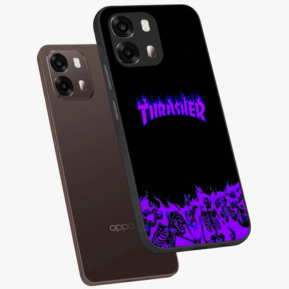 Neon Flame Riot Glass Case displayed in angled mockup highlighting glowing flame design with vibrant neon aesthetic.