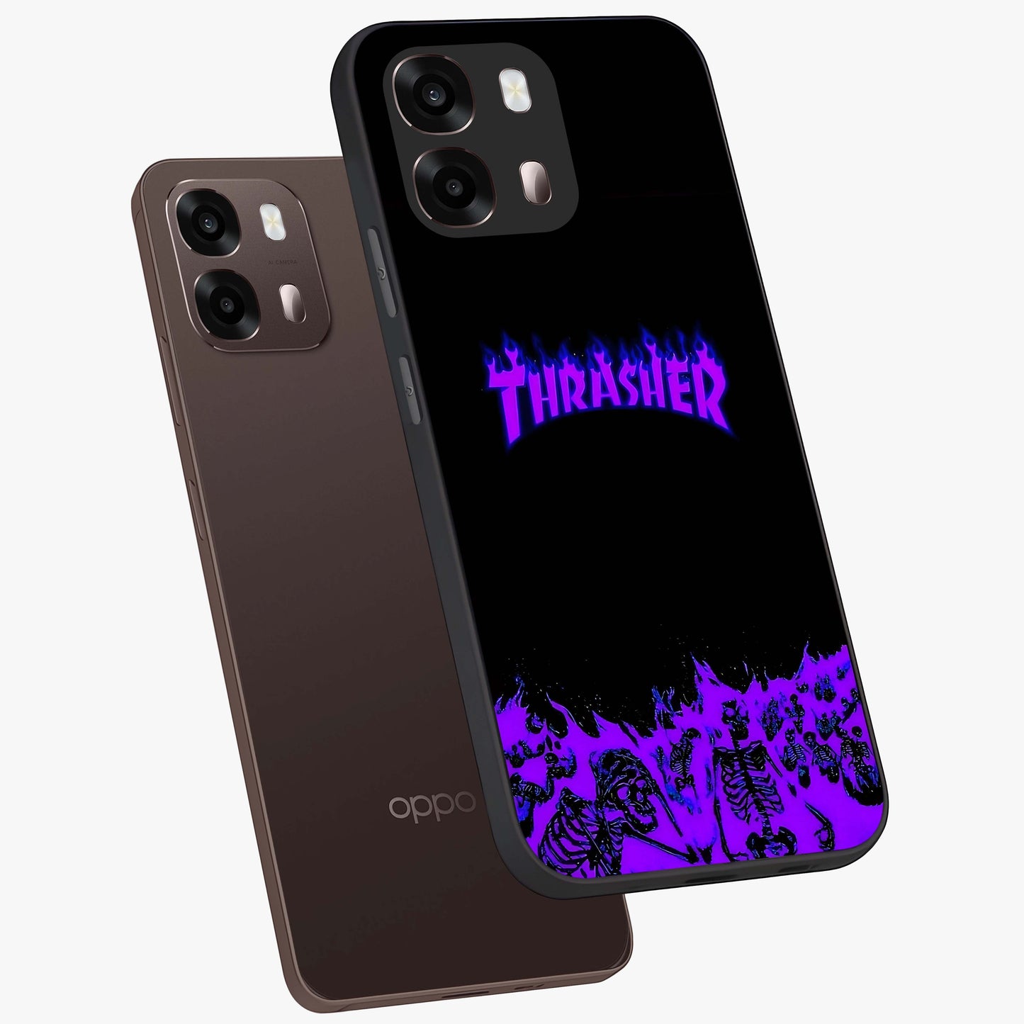 Neon Flame Riot Glass Case displayed in angled mockup highlighting glowing flame design with vibrant neon aesthetic.