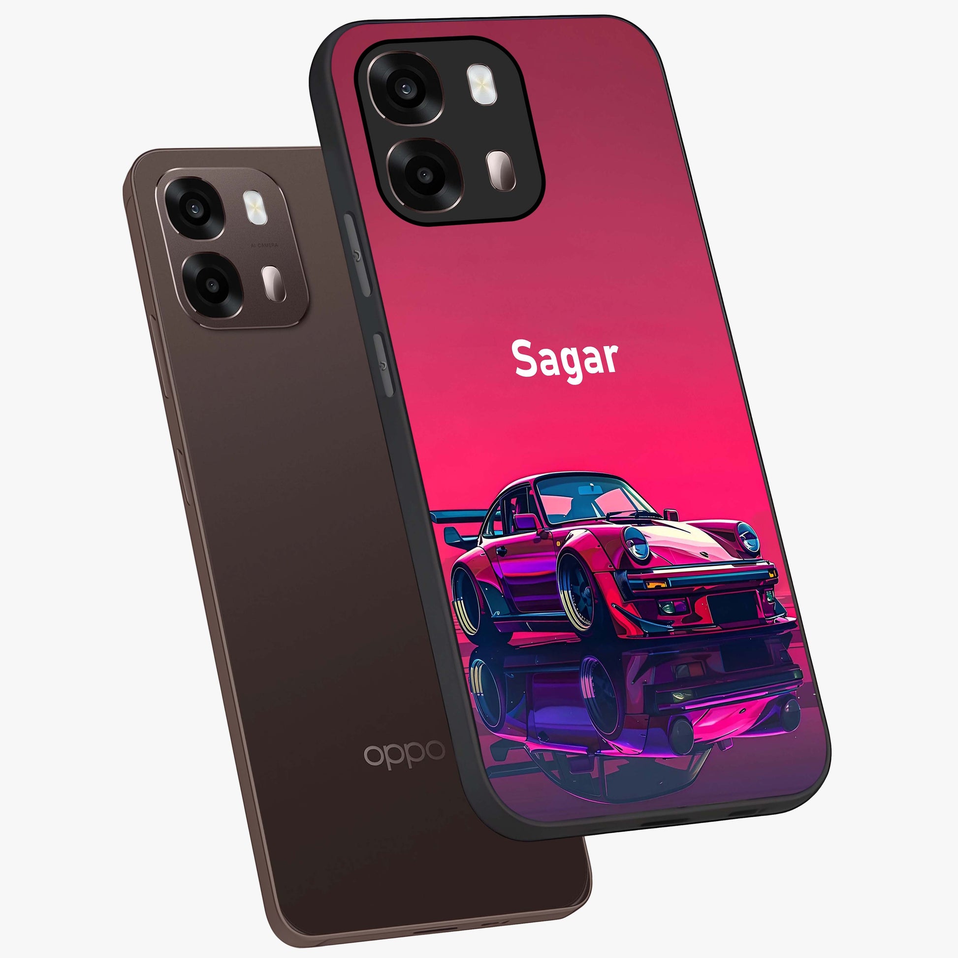 Neon Pink Porsche Glass Case displayed in angled mockup highlighting sleek neon pink car design with racing aesthetic.