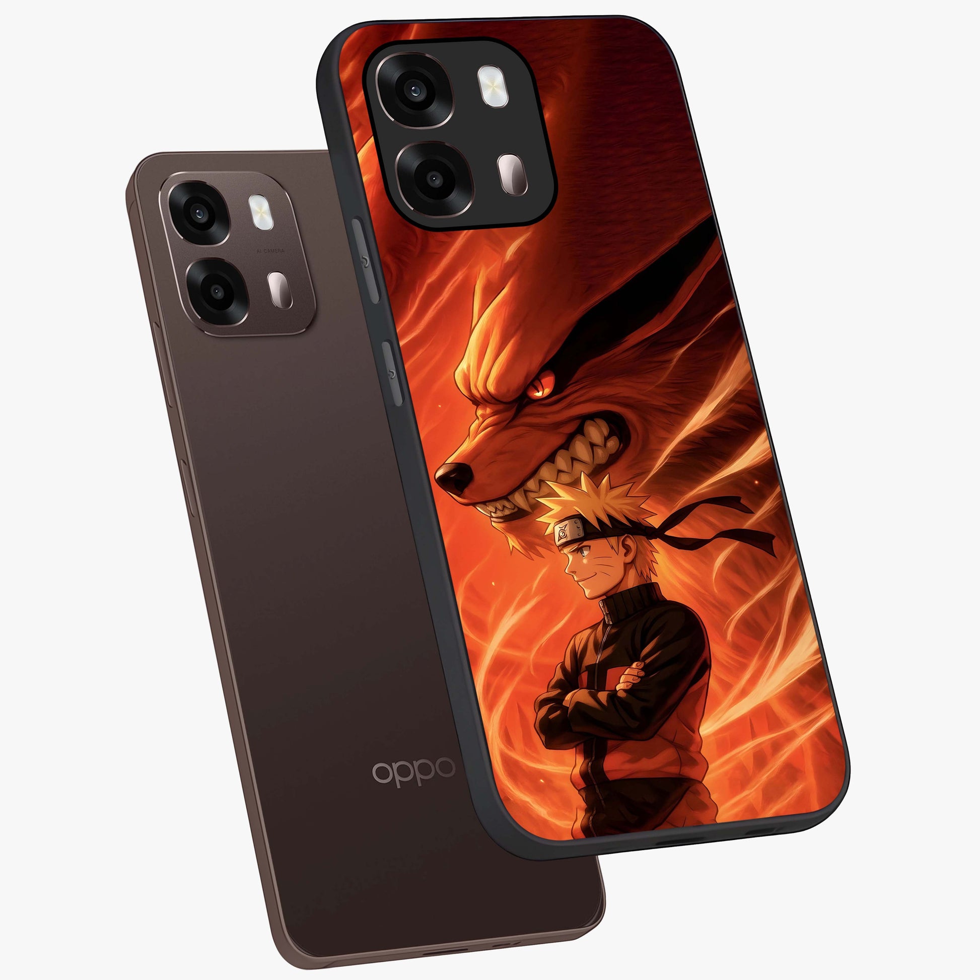 Nine Tails Legacy Glass Case displayed in angled mockup highlighting dynamic anime beast illustration with bold mystical aesthetic.