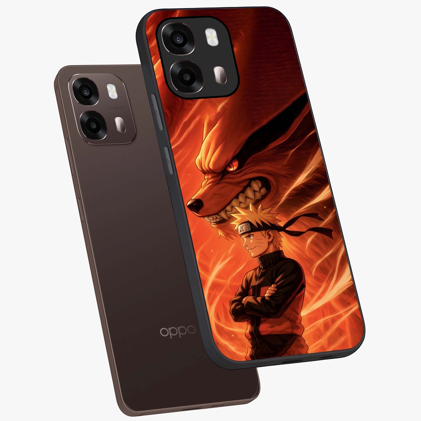 Nine Tails Legacy Glass Case displayed in angled mockup highlighting dynamic anime beast illustration with bold mystical aesthetic.