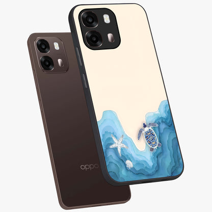 Ocean Drift Turtle Glass Case displayed in angled mockup highlighting peaceful ocean turtle illustration with marine aesthetic.