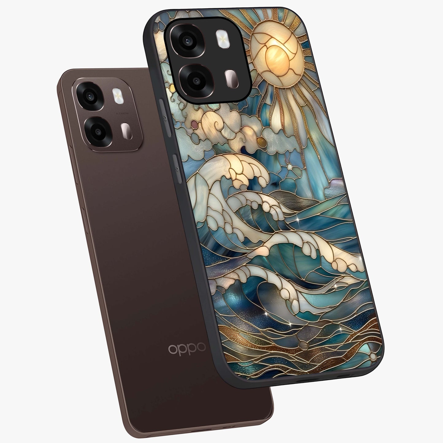 Oceanic Stained Printed Glass Case displayed in angled mockup highlighting colorful aquatic design with artistic aesthetic style.