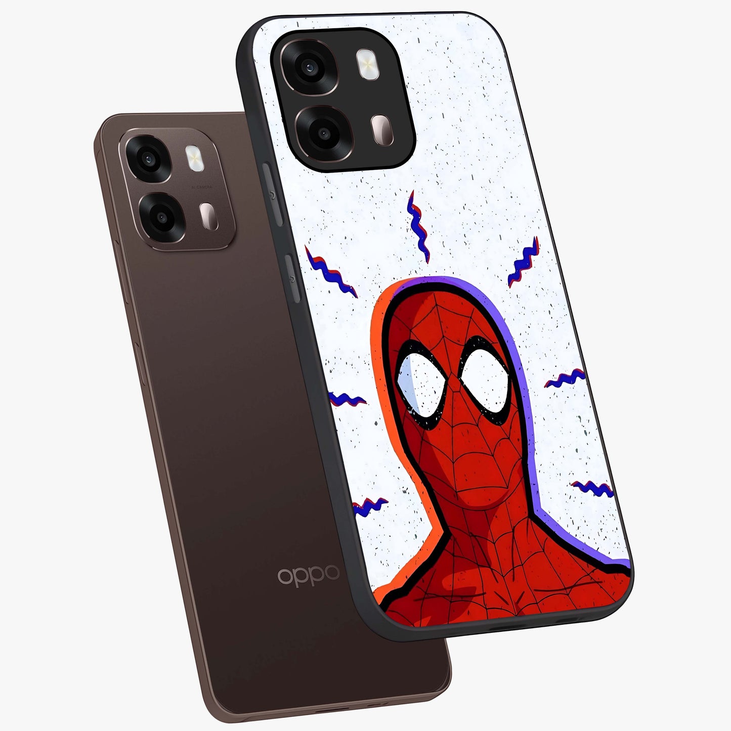 Omg Spiderman Glass Case displayed in angled mockup highlighting dynamic hero illustration with action comic aesthetic.