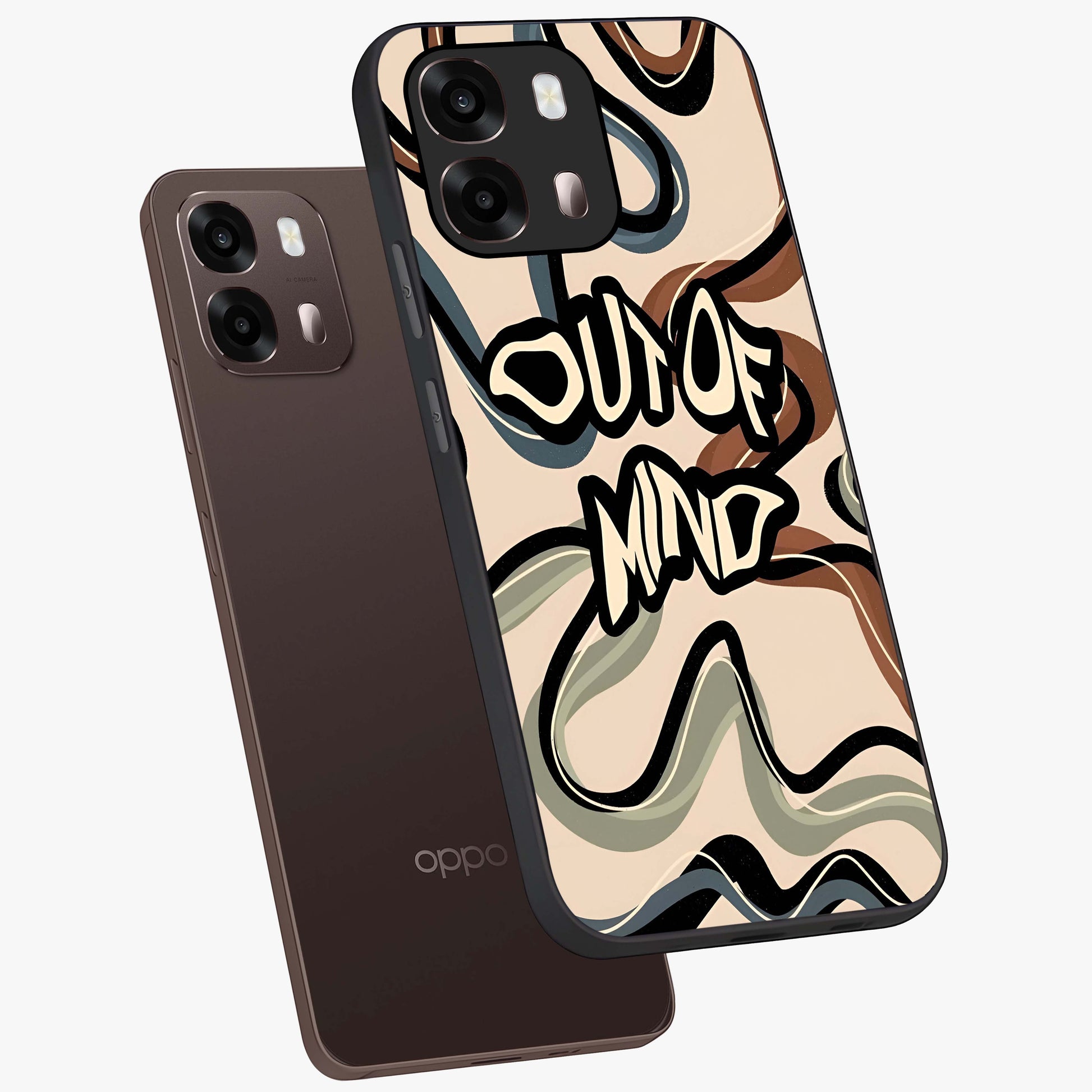 Out Of Mind Glass Case displayed in angled mockup highlighting bold statement design with modern artistic aesthetic.