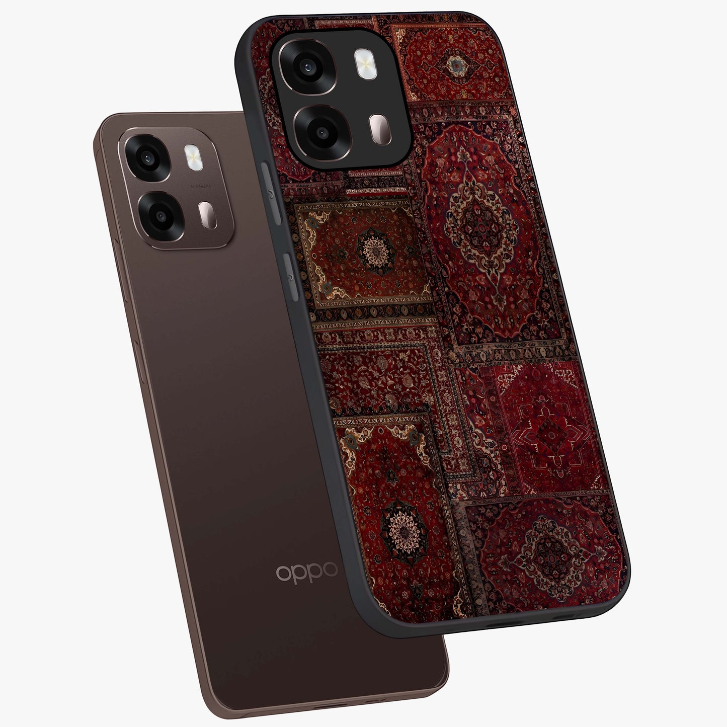 Persian Velvet Tale Glass Case displayed in angled mockup highlighting ornate textile inspired design with royal aesthetic.