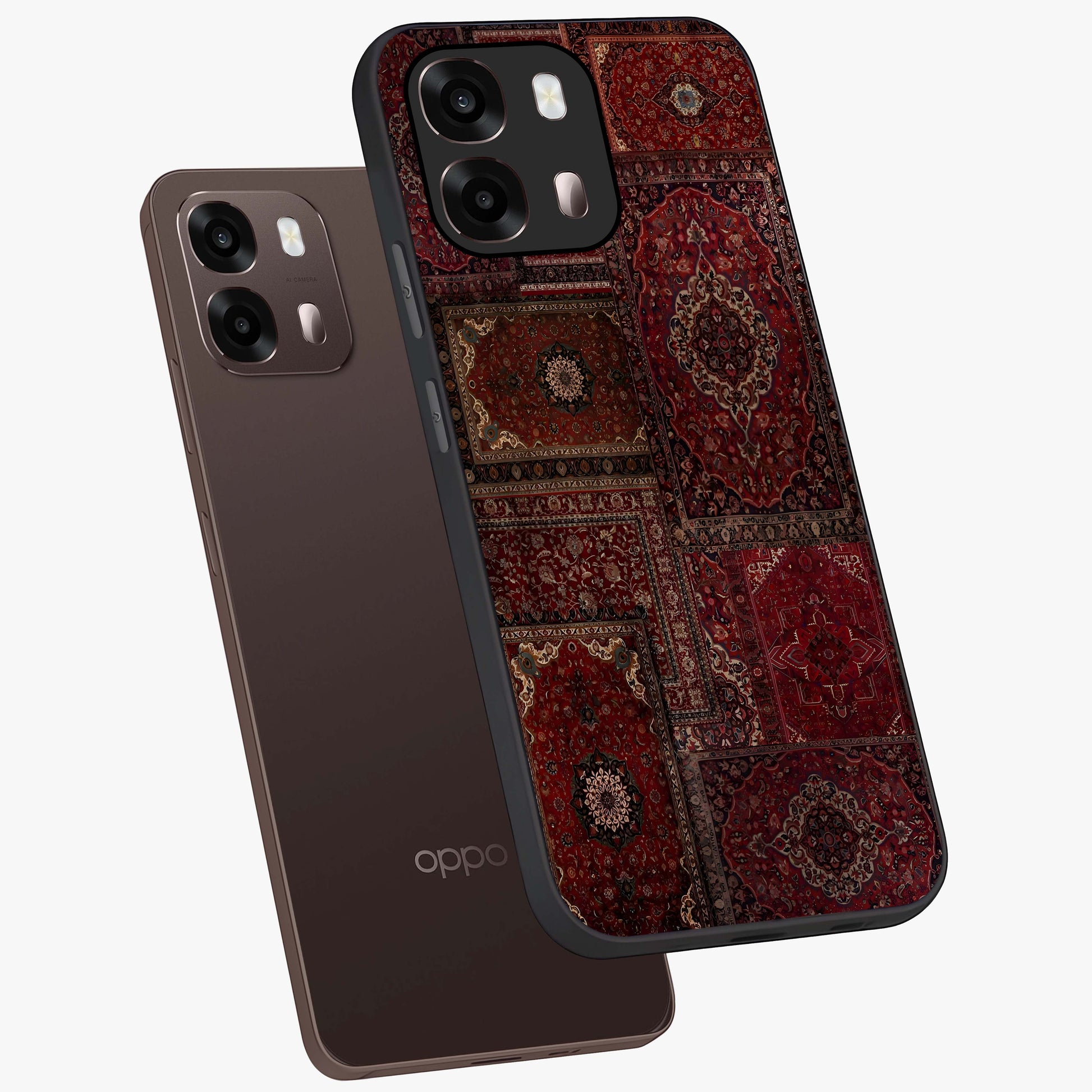 Persian Velvet Tale Glass Case displayed in angled mockup highlighting ornate textile inspired design with royal aesthetic.