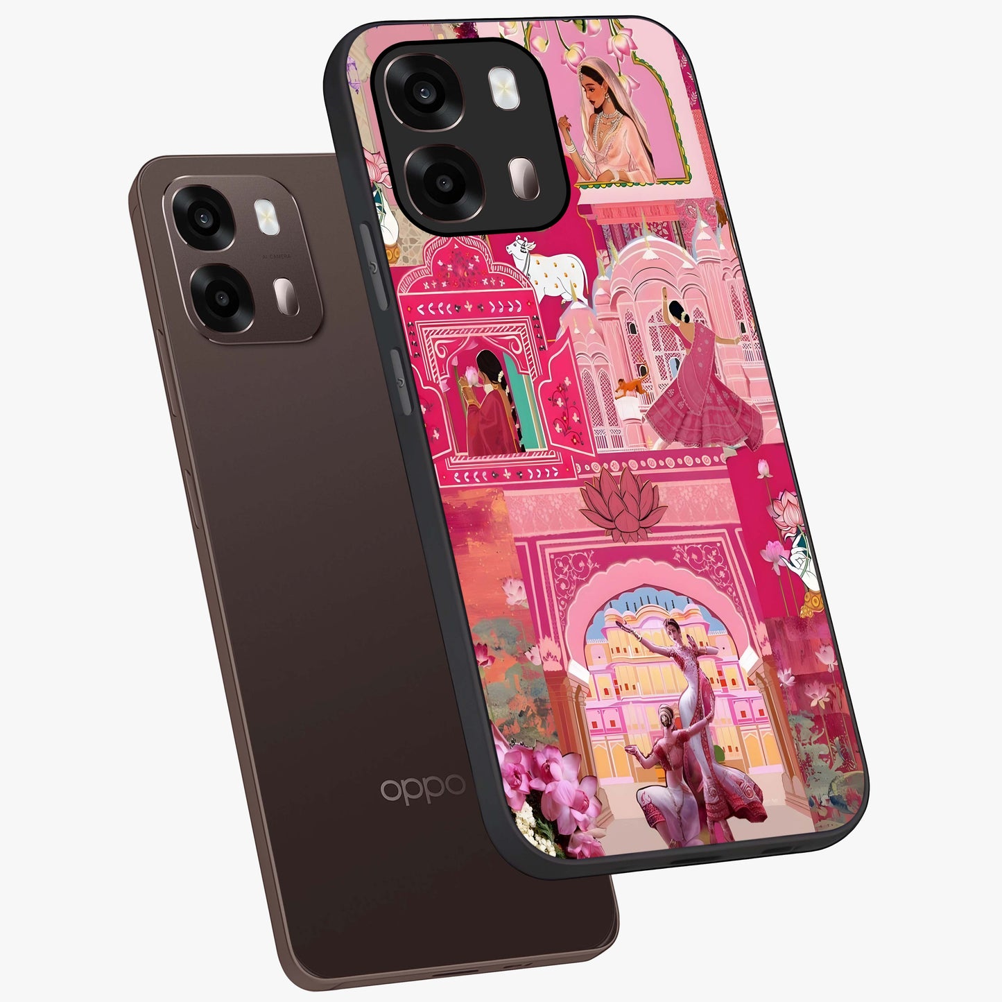 Pink Palace Muse Glass Case displayed in angled mockup highlighting dreamy palace illustration with soft pink aesthetic.