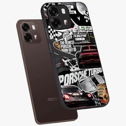 Porsche Racing Collage Glass Case displayed in angled mockup highlighting dynamic automotive design with bold racing aesthetic.