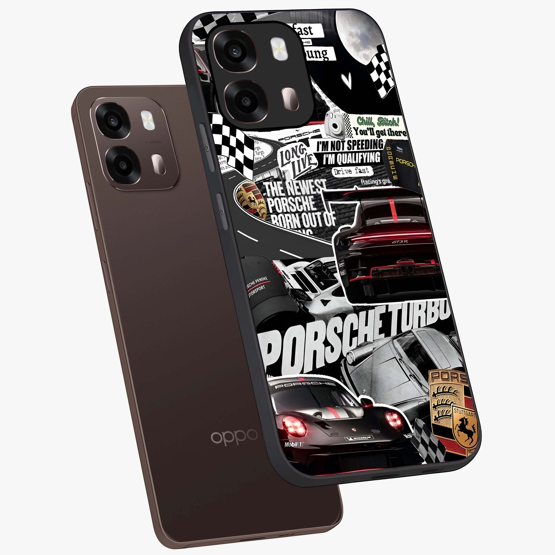 Porsche Racing Collage Glass Case displayed in angled mockup highlighting dynamic automotive design with bold racing aesthetic.