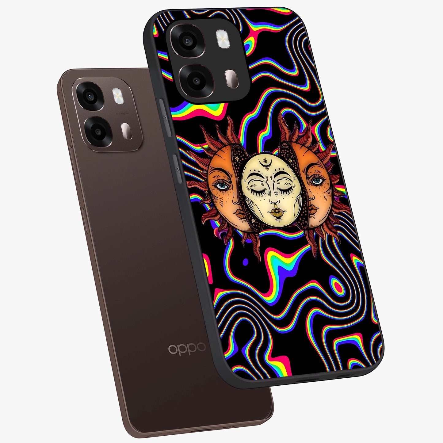 Psychedelic Sun Glass Case displayed in angled mockup highlighting vibrant abstract sun design with artistic aesthetic style.