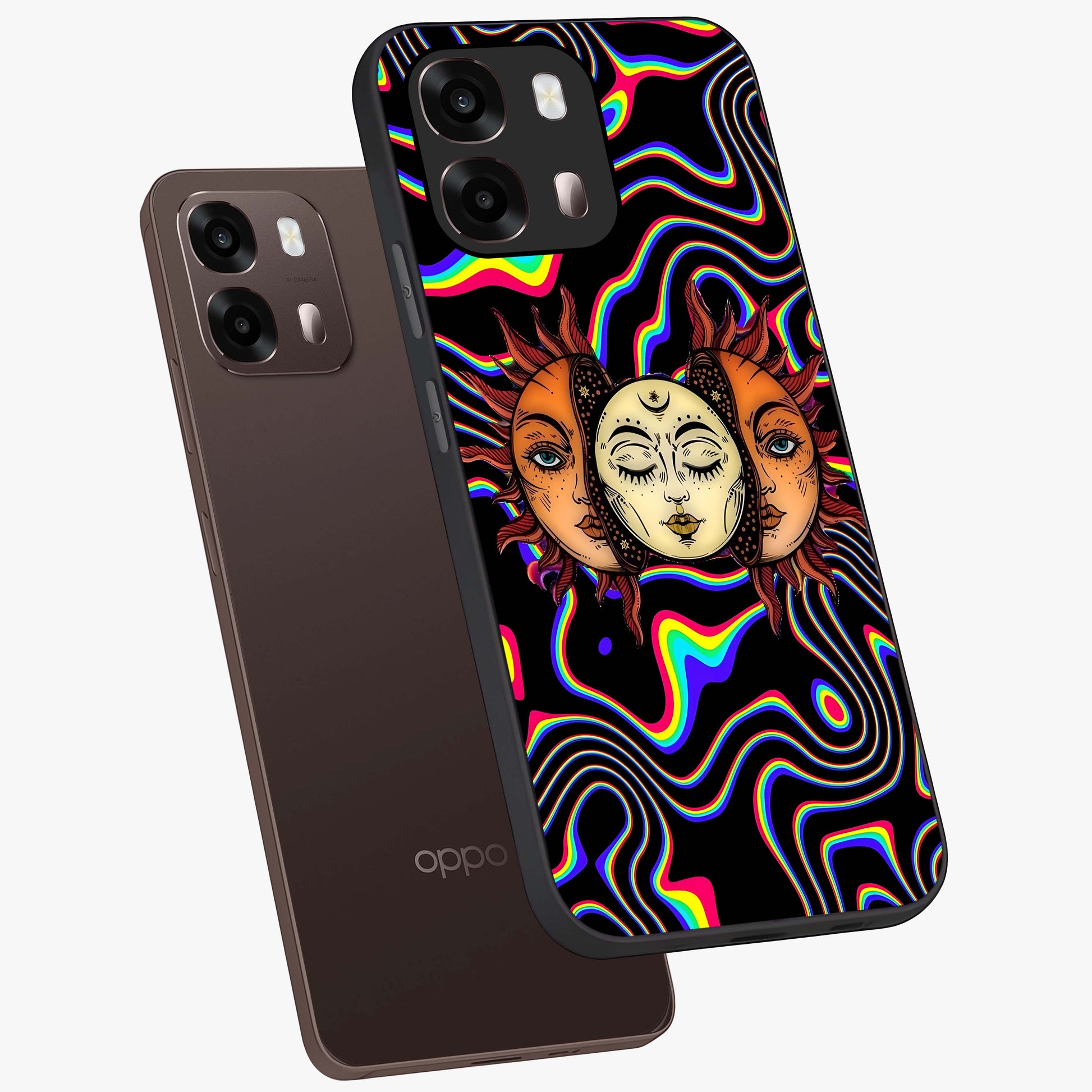 Psychedelic Sun Glass Case displayed in angled mockup highlighting vibrant abstract sun design with artistic aesthetic style.