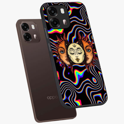 Psychedelic Sun Glass Case displayed in angled mockup highlighting vibrant abstract sun design with artistic aesthetic style.