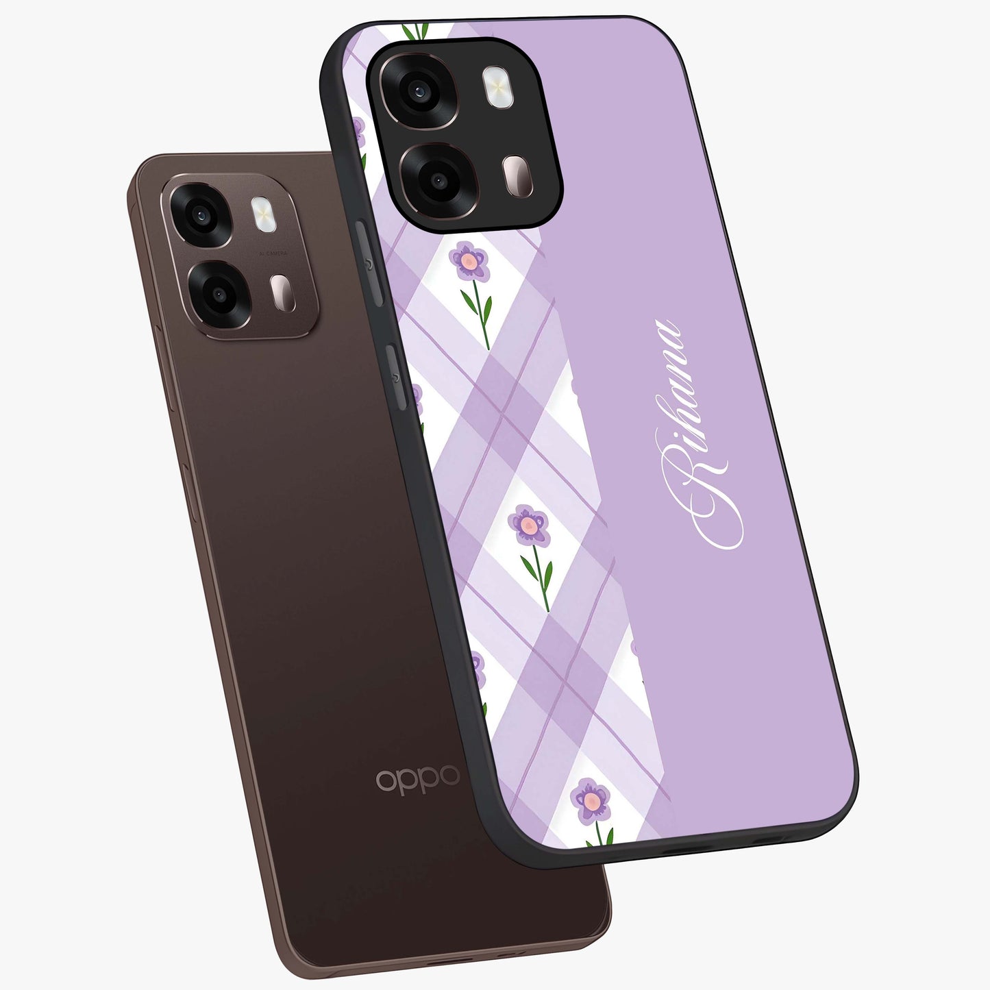 Purple Diamond Floral Glass Case displayed in angled mockup highlighting elegant purple flower design with decorative pattern.