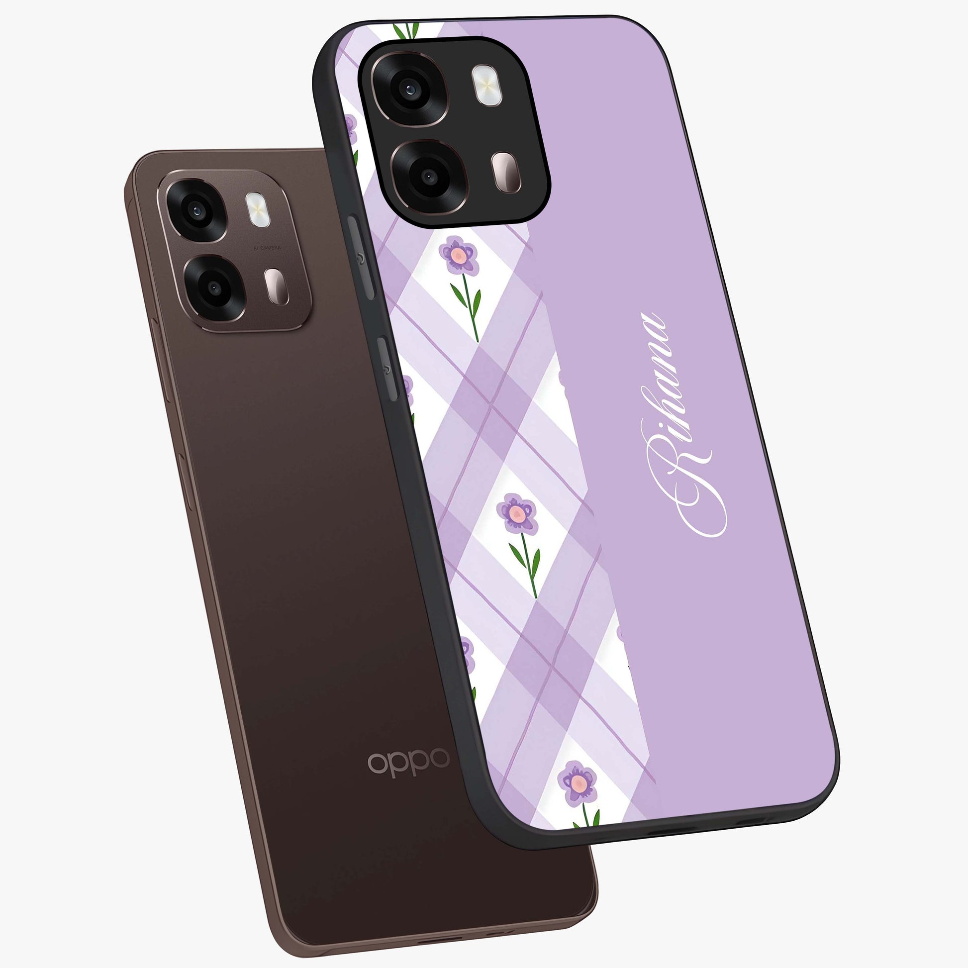 Purple Diamond Floral Glass Case displayed in angled mockup highlighting elegant purple flower design with decorative pattern.