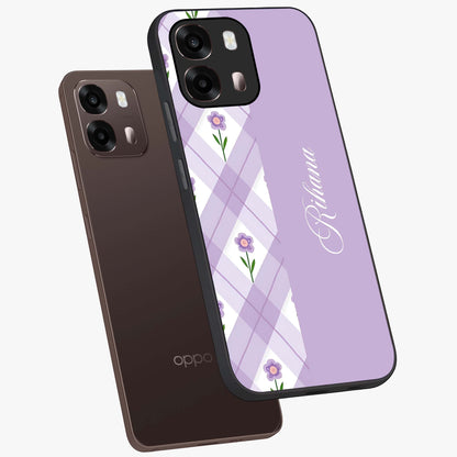 Purple Diamond Floral Glass Case displayed in angled mockup highlighting elegant purple flower design with decorative pattern.