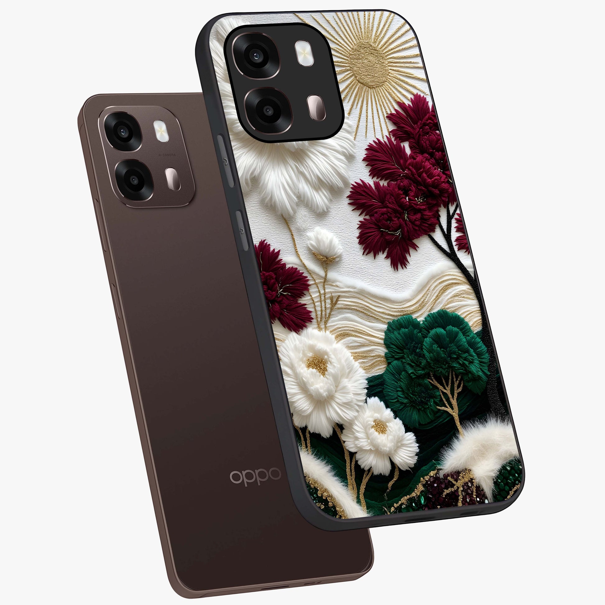 Radiant Bloom Elegance Glass Case displayed in angled mockup highlighting graceful floral design with radiant aesthetic style.