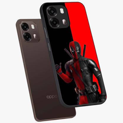Red & Black Deadpool Theme Glass Case displayed in angled mockup highlighting vibrant superhero style illustration with action aesthetic.
