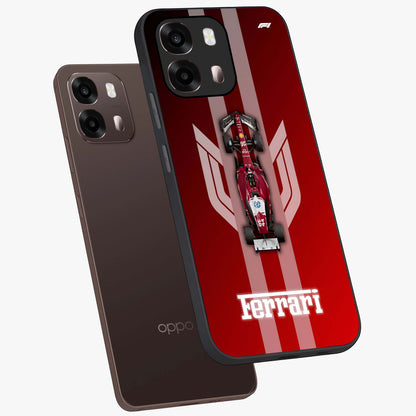 Red Ferrari F1 Vertical Glass Case displayed in angled mockup highlighting high speed racing design with bold automotive aesthetic.