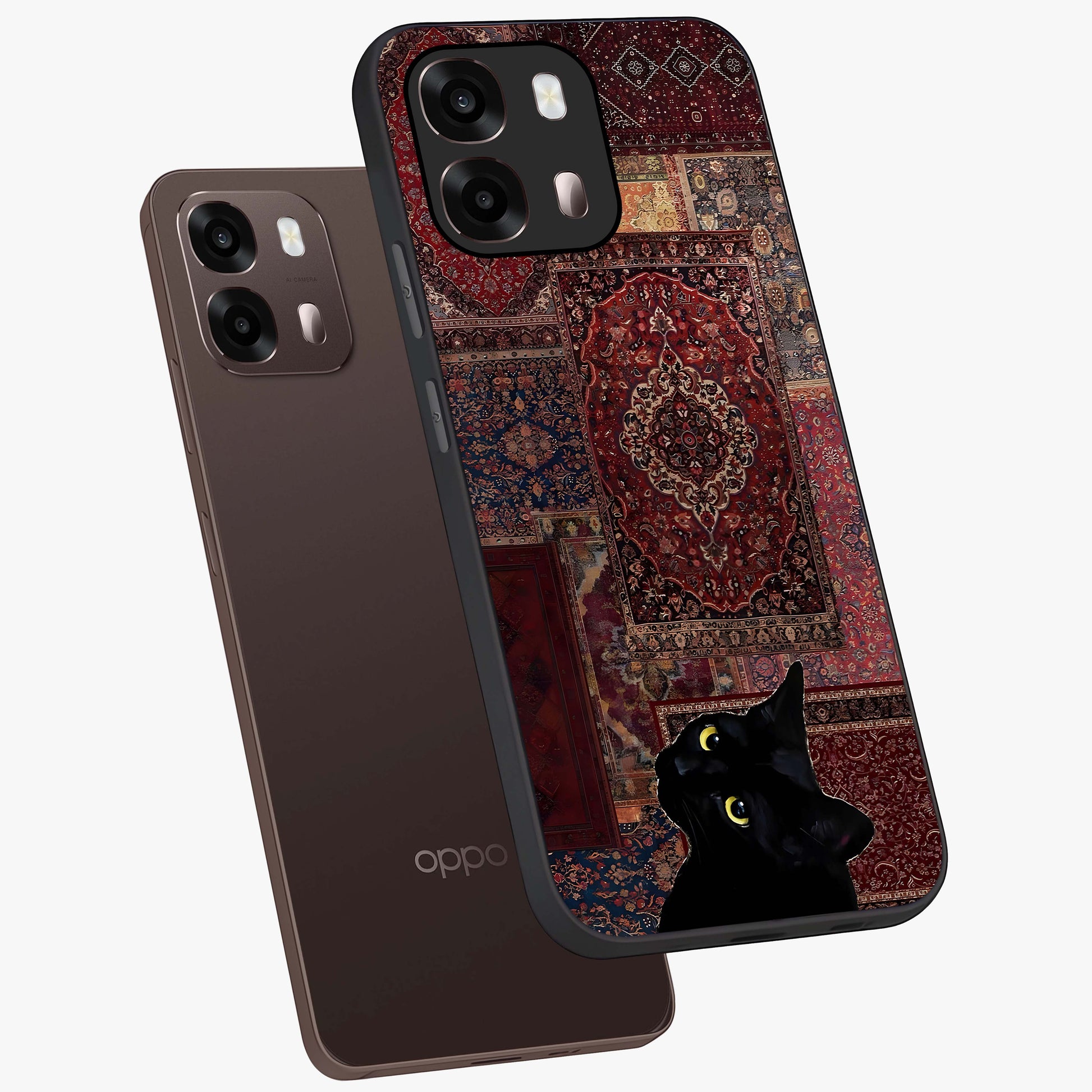 Regal Magic Cat Apple Glass Case displayed in angled mockup highlighting whimsical feline design with fantasy aesthetic.