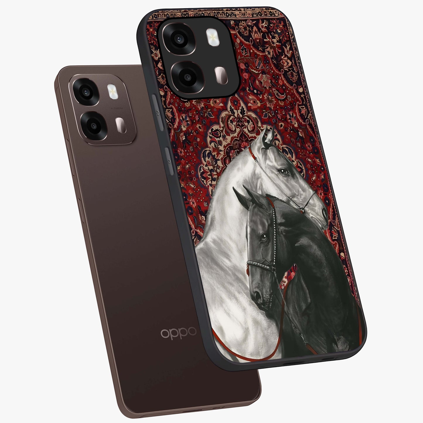 Regal Stallion Tapestry Glass Case displayed in angled mockup highlighting royal stallion design with decorative heritage aesthetic.