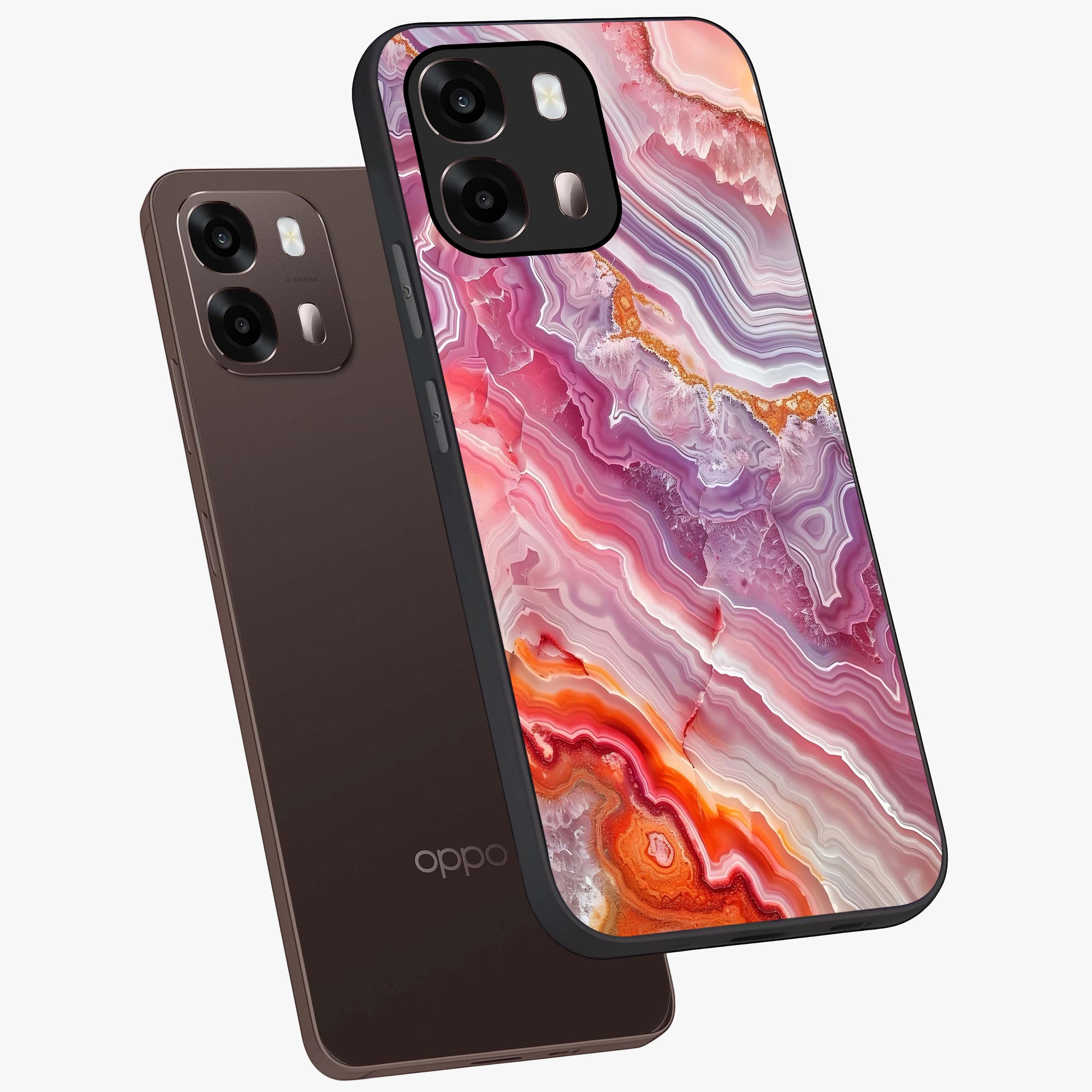 Rose Quartz Marble Glass Case displayed in angled mockup highlighting elegant marble pattern with soft aesthetic style.