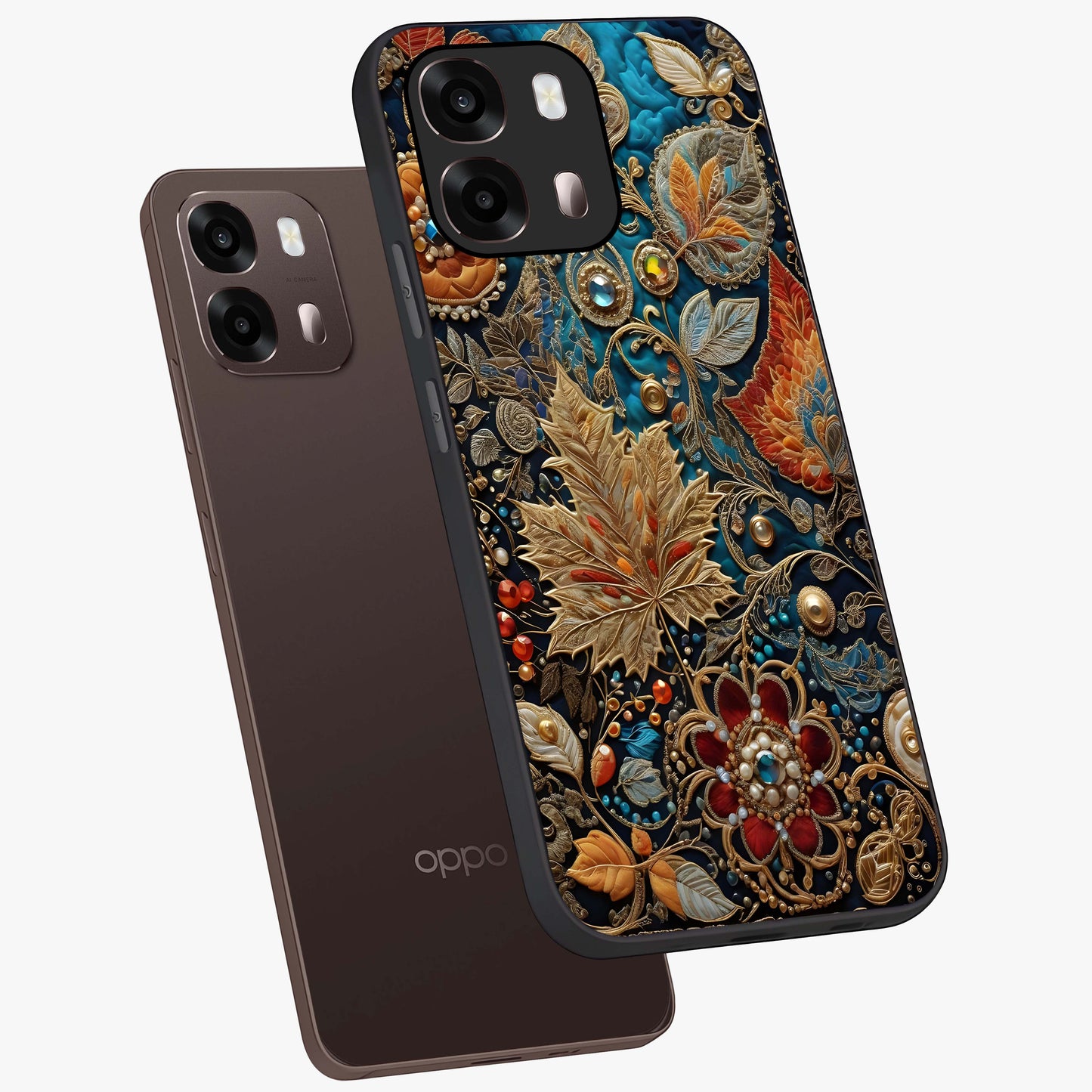 Royal Jewel Garden Glass Case displayed in angled mockup highlighting vibrant jewel inspired floral design with elegant aesthetic.