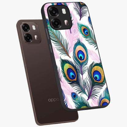 Royal Peacock Feathers Glass Case displayed in angled mockup highlighting vibrant feather pattern with regal aesthetic style.