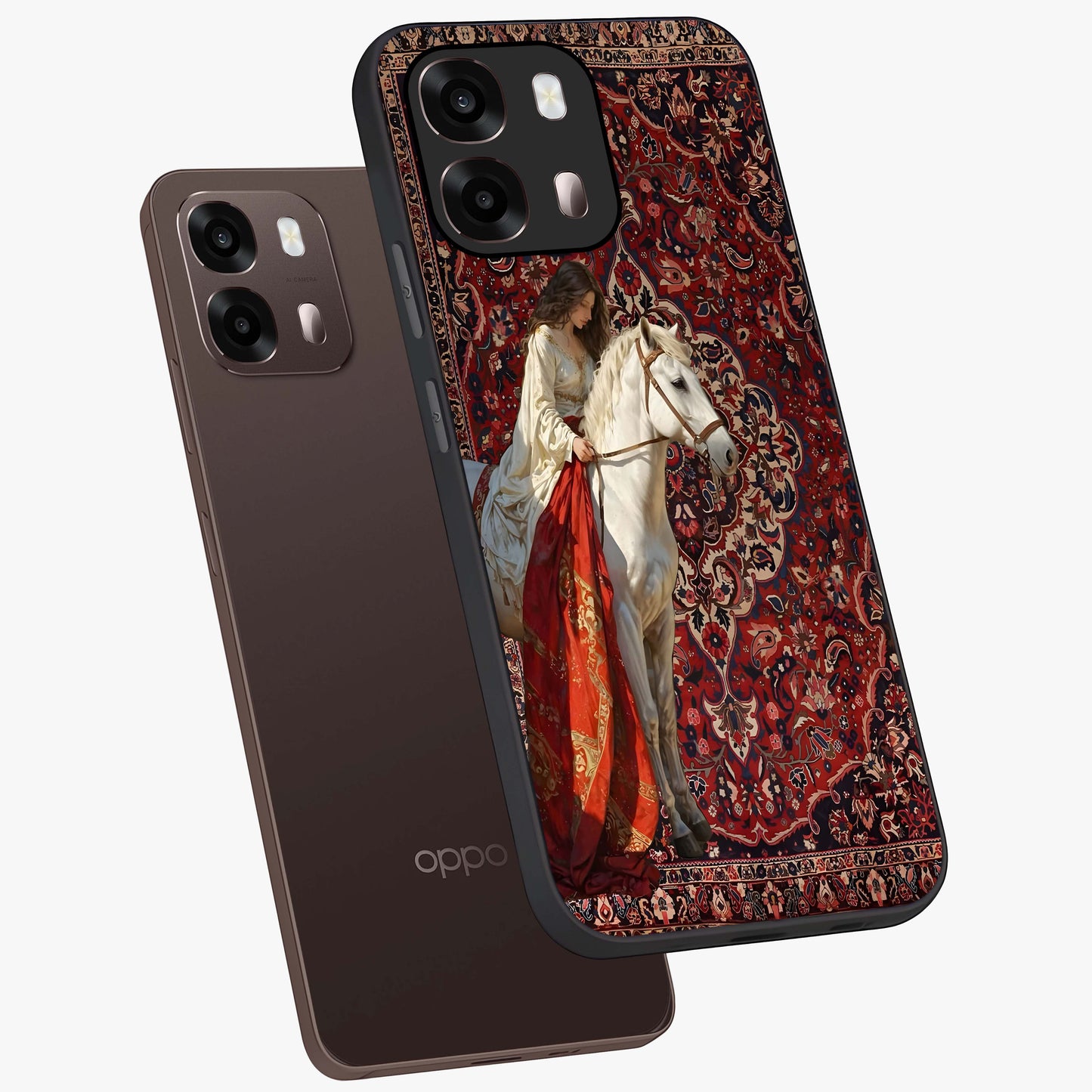 Royal Rider Tapestry Glass Case displayed in angled mockup highlighting traditional tapestry design with royal heritage aesthetic.