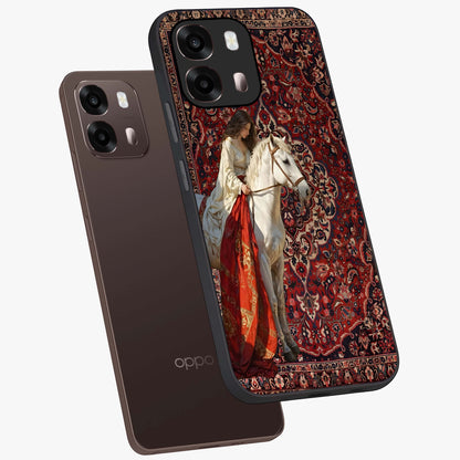 Royal Rider Tapestry Glass Case displayed in angled mockup highlighting traditional tapestry design with royal heritage aesthetic.