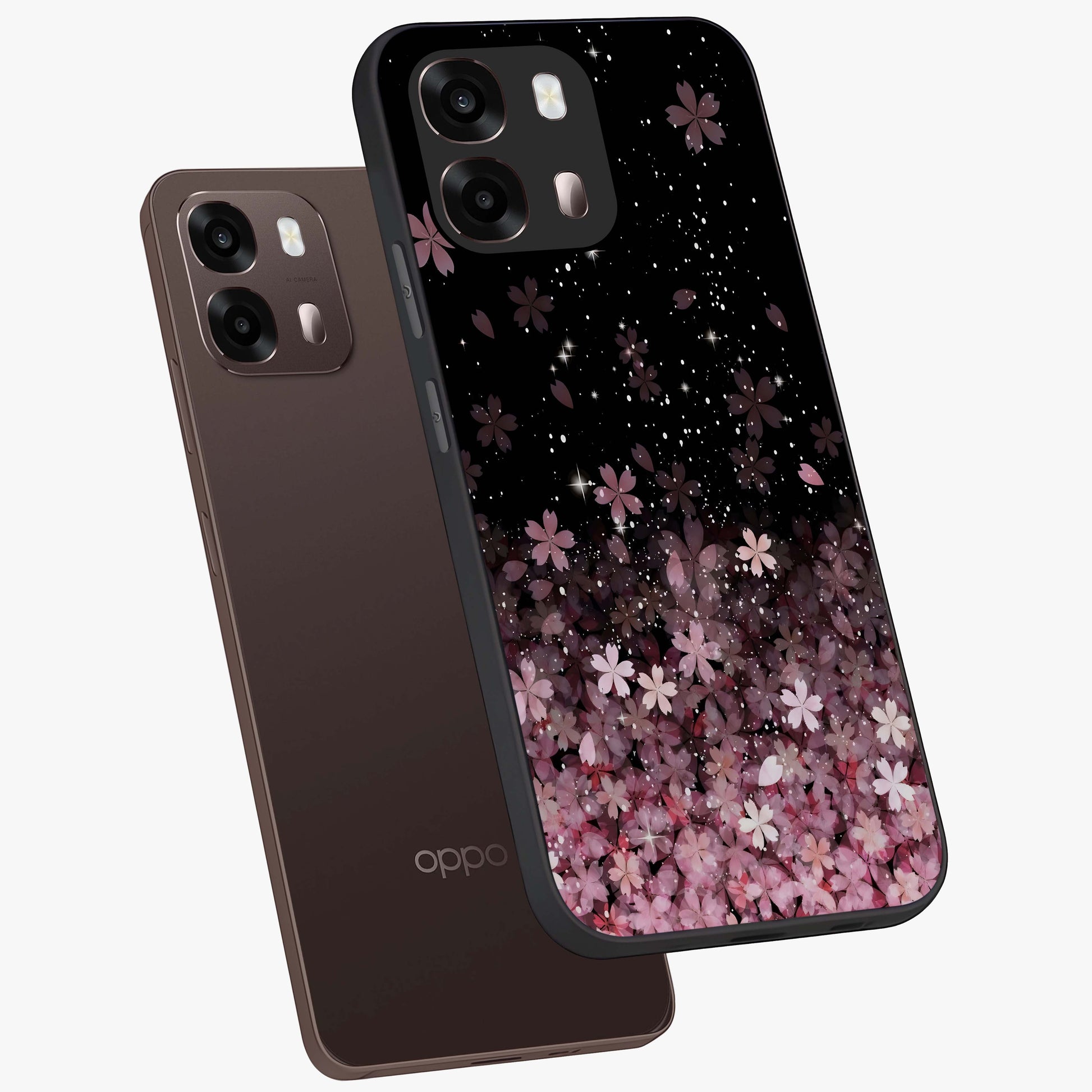 Small Starry Flowers Glass Case displayed in angled mockup highlighting tiny flower pattern with celestial aesthetic style.