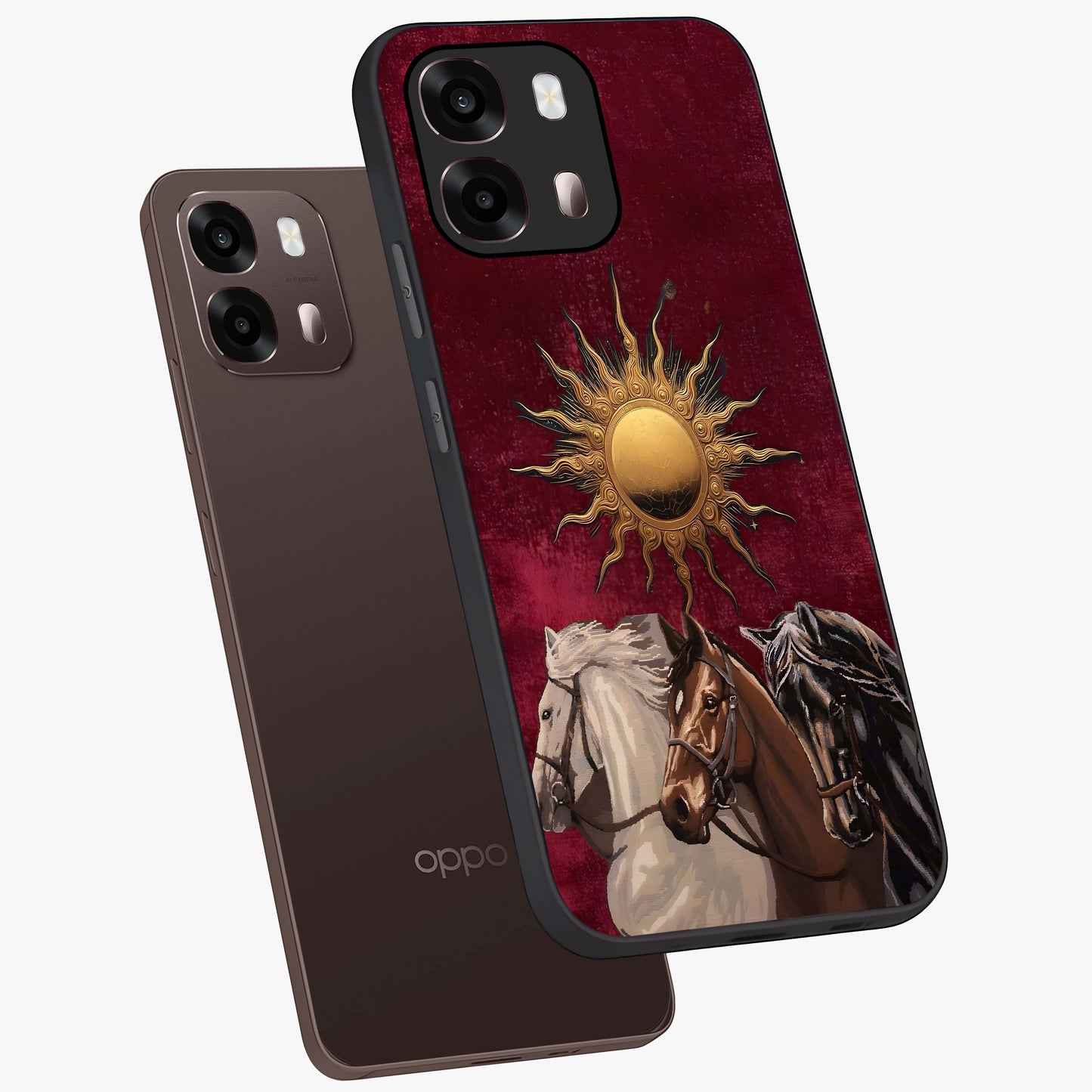 Solar Riders Glass Case displayed in angled mockup highlighting powerful rider illustration with radiant solar aesthetic.